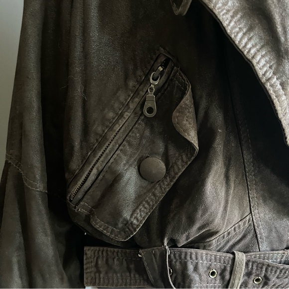 Vintage Lamb Leather Draped Jacket Belted Brown Cropped Moto Oversized Biker - Picture 5 of 10